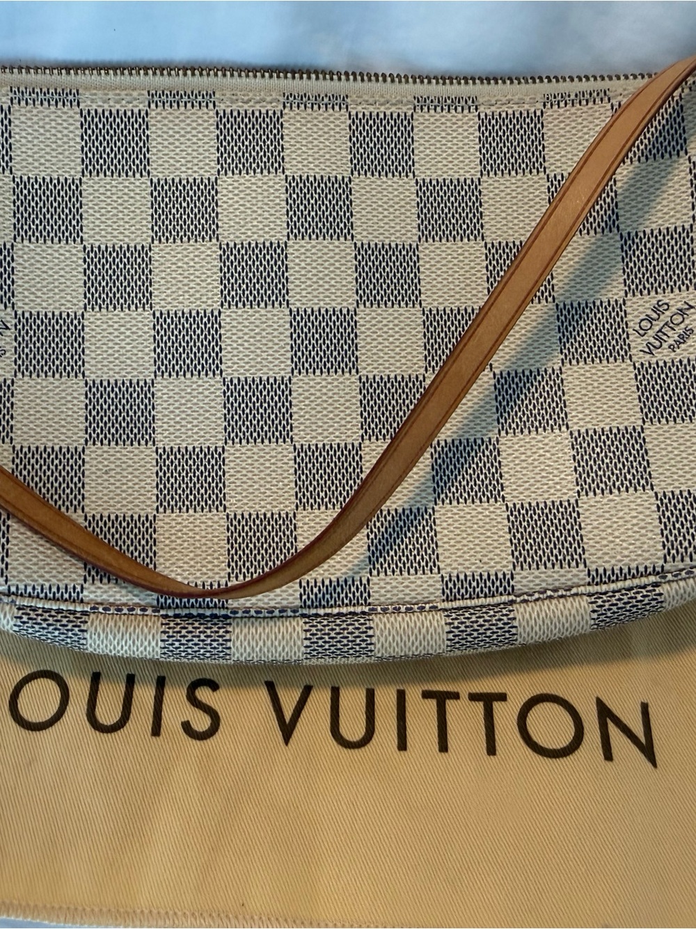 Louis Vuitton Damier Azur Wristlet in White and Beige with Tan Strap - Picture 13 of 15